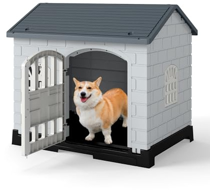 GYMAX Plastic Dog House, Indoor Outdoor Dog Kennel with Removable Toilet Tray, Lockable Door, Slanted Roof & 3 Windows, Weather-Resistant Puppy Shelter for Small Medium Cats Rabbits (Grey)