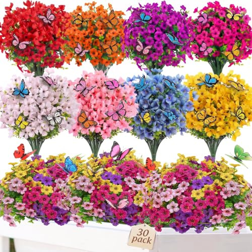 WOPQAPET 30 Bundles Artificial Flowers for Outdoors,6 Colors Butterflies | UV Resistant Fake Plants for Window Hanging Basket Garden Porch Balcony Home Vase Indoor Outside Decor