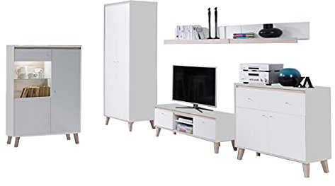 Wohnzimmer Oviedo I, Elegantes Wohnzimmer-Set im skandinavischen Stil, Schrank, TV Lowboard, Vitrine, Kommode, Wandregal, Komplett (Weiß Matt/San Remo Eiche Hell, ohne Beleuchtung)