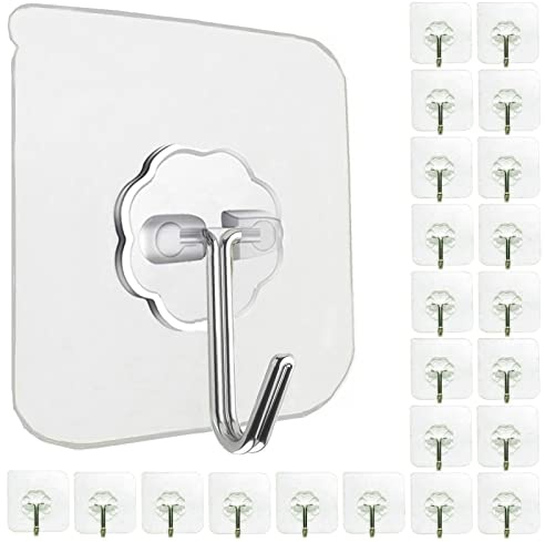 Jwxstore 24 Pack Self Adhesive Hooks Heavy Duty - 33lb Max, Transparent, Waterproof, Sticky Wall Hooks for Keys, Bathroom, Shower, Outdoor, Kitchen, Door, Home Improvement, Utility Hooks