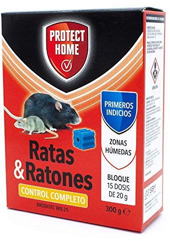 Protect Home Raticida en Bloques de Alta eficacia y atracción, Zonas humedas, Ratas y Ratones, 15 x 20gr, (300gr, Rojo, 300 G