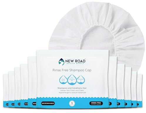 New Road Health Supply Rinse-Free Shampoo Cap, No Water Needed, Cleans and Conditions Hair, pH Balanced & Hypoallergenic, Waterless Shampoo Cap for Adults, Elderly & Caregivers, 12 Pack