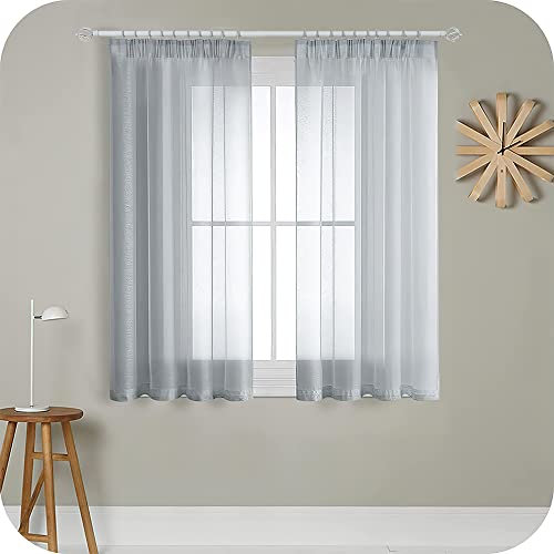 MRTREES Voile Curtains 48 Drop 2 Panels Faux Linen Pencil Pleat Grey Curtains Panel for Bedroom Living Room Patio Door 55x48 Drop 140cm x 137cm
