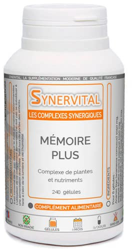 Mémoire Plus Synervital - 240 gélules dosées à 326mg - Complexe de plantes pour la Mémoire - Ginkgo biloba - Bacopa -Magnesium - Vitamines B - Complément alimentaire - Fabriqué en France