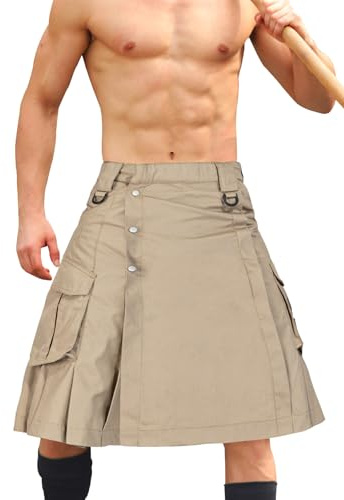GSGGIG Men's Kilt for Men, Camo Scottish Outdoor Utility Pleated Tactical Kilt, 23 Pleated Irish Hybrid Kilt with Pockets 0911 Khaki 34
