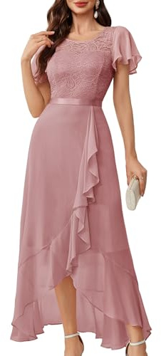 Berylove - Abito da sera lungo ed elegante per matrimonio, abito da cocktail, elegante, con maniche, vita elastica, Blush, XXXL