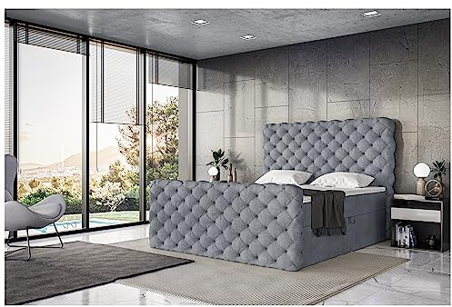 MEBLINI King Boxspringbett mit Bettkasten - Gepolstert Doppelbett mit Matratze und Topper - Polsterbett mit Stauraum - Bett mit Kopfteil - Stauraumbett - Duke - 160x200 - H4/Grau Samt