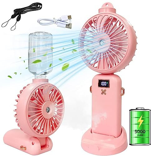 Pink Mini Portable Handheld Fan with Water Mist Spray, 5 Speeds, 5000mAh Rechargeable, Folding, Detachable Base, LED Display