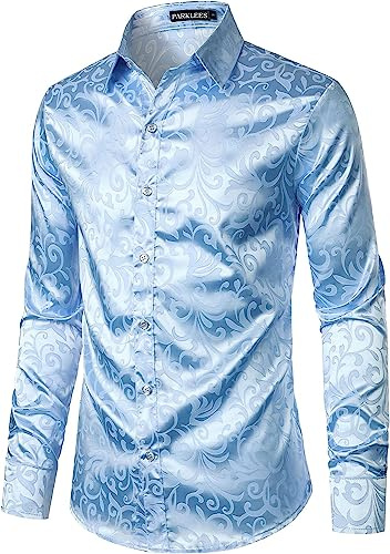PARKLEES Camisa de vestir de manga larga jacquard de lujo para hombre, ajuste delgado, de satén, con estampado floral, para bodas, fiestas de graduación