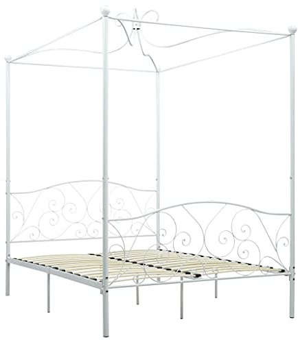 Tidyard Struttura Letto,Singolo,Design Raffinato,a Baldacchino,in Metallo,Bianco,140x200 cm,Giroletto Singolo con Baldacchino in Metallo con Doghe,Letto Metallo,Letto con Tetto,Letto con Doghe