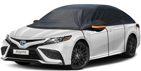 kayme Bâche de Protection Mi-couvrante pour Automobiles, Demi Bâche Voiture Housse de Protection Auto, Extérieur Contre Pluie Soleil Poussière pour Berline Jusqu'à 470 cm, 3L Noir