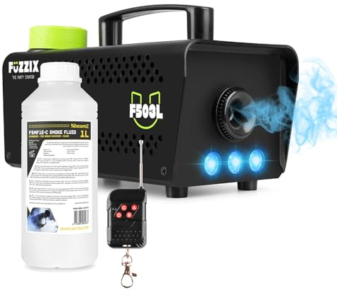 Fuzzix F503L Party Smoke Machine with Built-in RGB LED Lighting, Wireless Remote Control and 1L Eco-Friendly Fog Fluid – DJ Fogger for Parties, Events, Halloween & Stage Effects