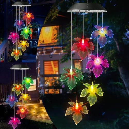 iShabao Ahornblatt Solar Windspiel Garten, 6 LED Solar Windspiel für Draußen, Wasserfest, Muttertagsgeschenke, Geschenke für Mutter/Frauen/Tochter/Freundin, Dekorationen für Baum, Balkon, Hof
