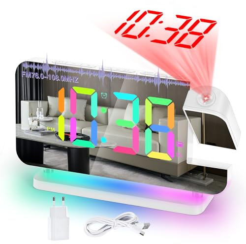 SZELAM Radiowecker mit Projektion,Wecker Digital,7.4 LED Radiowecker mit Schlaf-Timer,um 180°Drehbarem Projektor,10-Farben-Nachtlicht,11 RGB-Farben-Digitalanzeige,Tischuhr Digital für Kinder,Mädchen
