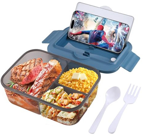Wrischan 1400ml Bento Lunch Box with Spoon Fork and 3 Compartments, Microwave and Dishwasher Safe, Leak Proof Packed Lunch Box for Adults Kids (PP Material, Blue)