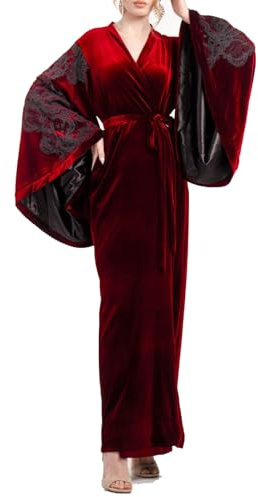 MAYILNSIN Peignoir en velours pour femme - Robe de demoiselle d'honneur en dentelle florale - Robe de chambre pleine longueur - Cache-maillot pour femme - Pyjama de mariage - Fête, Rouge, XL