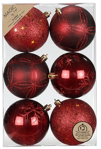 Weihnachtskugeln Kunststoff 8cm 6er Set - bruchsicher & mit Glitzer Muster - Große Christbaumkugeln für Weihnachtsbaum - Weihnachtsbaumkugeln & Christbaumschmuck Rot - Morello Cherry