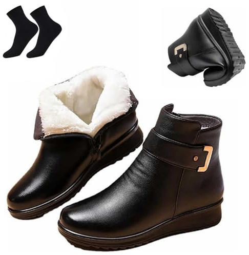 HESYSUAN Botas ortopédicas de lana de cuero genuino con hebilla de metal para mujer, botas de tobillo de cuero de terciopelo cálido para madres mayores (negro, 37./)