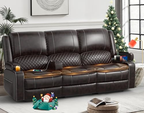 Yolsali Recliner Sofa, 3 Seater Manual Reclining Sofa with 2-Tier Cushion, Reclining Couches for Living Room with Removable Console, Hidden Storage Space, Cup Holders - Brown