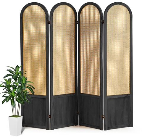 Asnefeli Room Divider 4 Panels, Folding Privacy Screen, Foldable Wood Rattan Room Divider Panel, Portable Partition Screen, Wall Divider for Room Separation Bedroom Home Office Garden Terrace (Black)