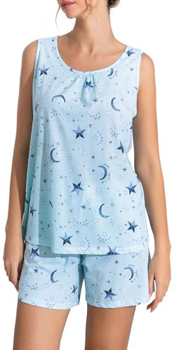 ENJOYNIGHT Women's Pyjama Sets Cotton Print Nightwear Tank Top and Shorts Sleepwear Soft Loungewear Summer Pjs Set (X-Large,Light Blue Star)