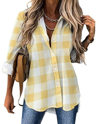 Pastel Lemon Yellow Checked Novelty Women's Button Down Shirts Casual Long Sleeve Blouses V-Neck Tops XL