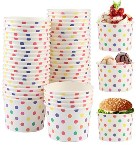 XIAQICA 50 Stück Pappbecher mit Gelben Punkten 240ml Eisbecher mit 50 Stück Kleine Löffel Papierbecher Eis Becher Papierschalen Candybar Becher Eiscreme Yogurt