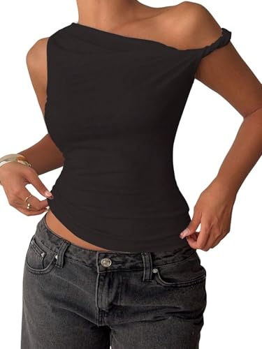 GORGLITTER Damlinne elegant Y2K ärmlös topp axellös sommartoppar slim fit basic crop top one shoulder damtopp, svart, L