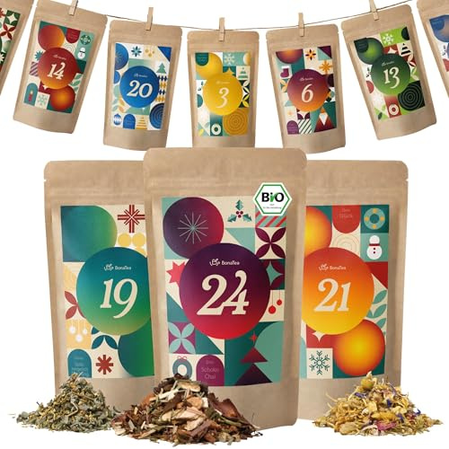 BonaTea Tee Adventskalender 2025 Bio - 24 einzigartige lose Bio Kräutertees von BonaTea zum Aufhängen, inkl. Leine, Klammern und Booklet, 24 x 10 g