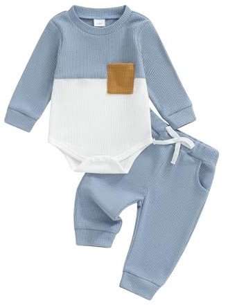 Carolilly - Conjunto de ropa de bebé para niño de 2 piezas, body de manga larga + pantalón a juego (0-18 meses), azul, 0-3 Meses