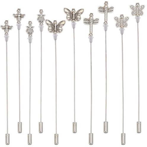 WEBEEDY 10 Pièces Épingles à Chapeau Vintage en Argent Antique avec 5 Styles Animaux Abeille Papillon Libellule pour Femmes et Hommes Décoration de Chapeau Épingle de Revers Cadeau 12.1 cm Long