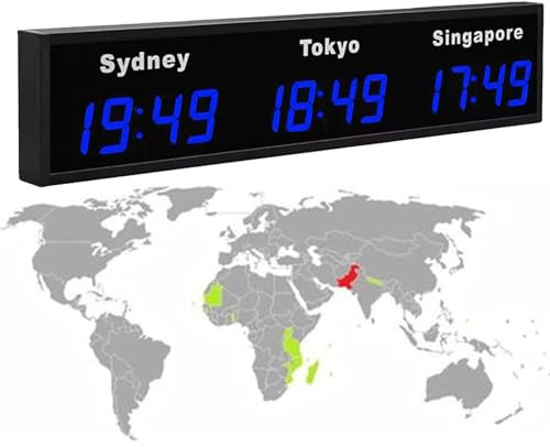 Reloj mundial digital LED con múltiples zonas horarias, montado en la pared para visualización global de la hora