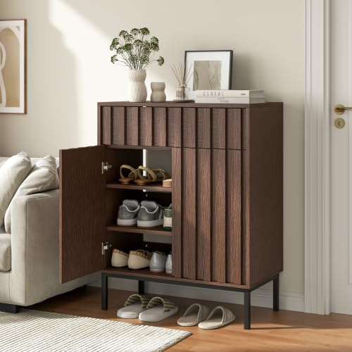 UEV Wood Slat Shoe Storage Cabinet with Drawer, Compact Entryway Shoe Cabinet, 3-Tier Shoe Cabinet for Large Shoes, Ventilated Backless Hallway Storage Unit (Walnut, 70W × 37.5D × 88H cm)
