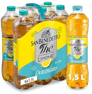 San Benedetto, Thè Deteinato al Limone, 6x1,5 l, Senza Teina e Glutine, Bevanda Fresca e Dissetante, Tappo Click, con Poche Calorie.