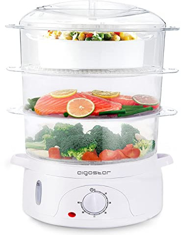 Aigostar 3 Tier Food Steamer, Electric Vegetable Steamer with BPA Free, 9 Litre, 60 Minute Timer, 800W, Energy Saving, White