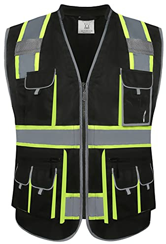 JKSafety 10 Pockets Hi-Vis Zipper Front Black Safety Vest | Cushioned Collar | High Reflective Tapes with Extended Neon Yellow Strips | Meets ANSI/ISEA Standards (Large, 89-Black)