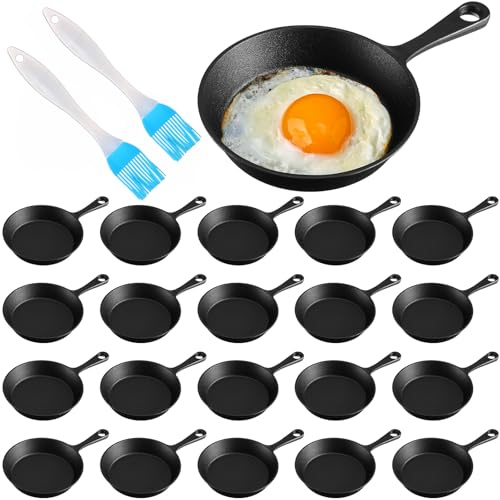 Remerry 20 Sets 4 Inches Cast Iron Skillets Mini Black Iron Nonstick Frying Pan Small Sizzling Plate Egg Pan Cast Pot Bundle with Oil Brush for Indoor and Outdoor Restaurant Kitchen