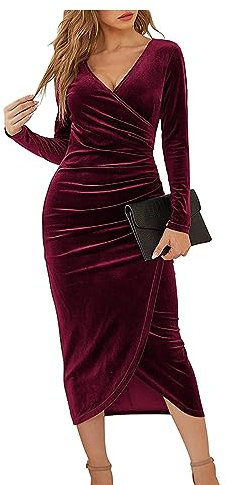 XIVISTO Damen Lange Samtkleid Langarm V-Ausschnitt Bodycon Kleid Elegant Abendkleid Vintage Party Cocktailkleid für Herbst Winter,Weinrot XL
