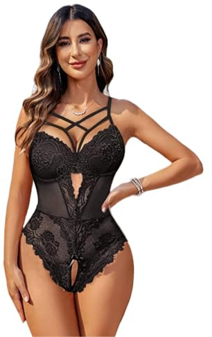 GANMFOYC Body sexy sin entrepierna para mujer lencería sexy para mujer una Pieza Babydoll Hueco Mono de Encaje Moda Ropa de Dormir Body ahuecado Pijamas sin entrepierna abierta Blackless