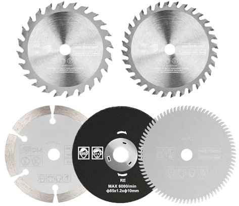 BALUGAEA Juego de 5 hojas de sierra circular de 85 mm, mini accesorios HSS/TCT, disco de corte de diamante, hojas de sierra circular para madera, metal y plástico, diámetro interior 15 mm
