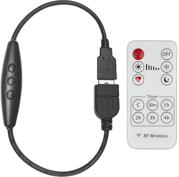 Clearhill 5 V 2 A USB-dimmer med USB-kontakter hane och hona, fjärrkontroll, 6-växlad dimning, på/av-funktion, 22 AWG-kabel, 60 s avstängningsfördröjning för 5 LED-lampor