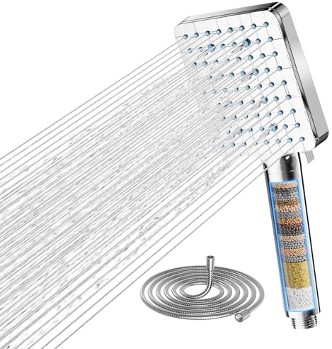 Cobbe Hard Water Filter Shower Head, High Pressure Shower Head and Hose with 20 Stage Filter, 6 Spray Modes Square Powerful Showerhead for Residual Chlorine Remove, Chrome