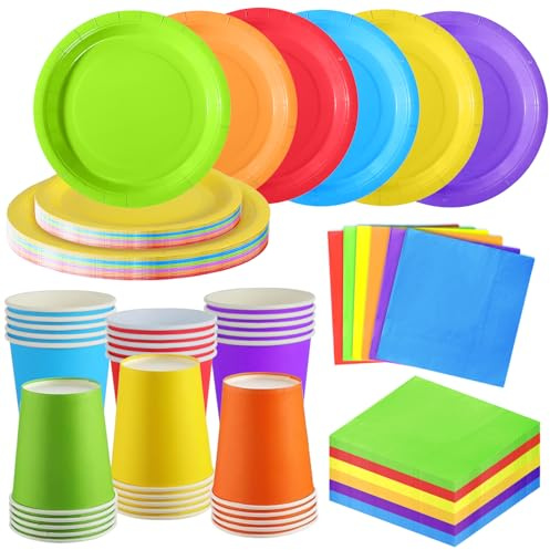 ZblPyro Colorida vajilla cumpleaños para 30 invitados con platos carton redondos 23cm y 18cm, vasos de papel y servilletas. Ideal para fiestas infantiles y cumpleaños.