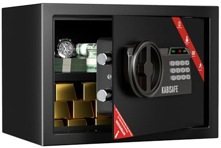 KABISAFE Coffre-fort à code numérique avec alarme et serrure à clé, coffre sécurisé pour maison avec étagère amovible pour bijoux, argent liquide et documents