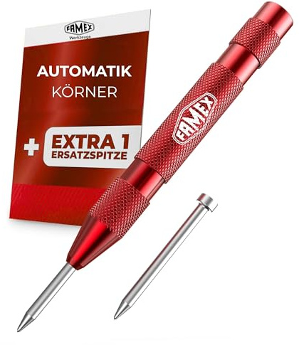 FAMEX Pointeau automatique 50-100N Pointe en acier HSS 130 mm Grain de ressort avec 1 pointe de rechange Grain automatique moleté Conception robuste durable pour métal, bois, pierre, plastique
