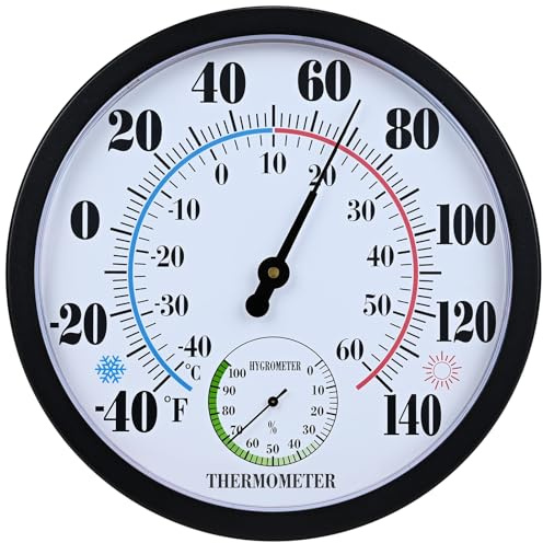 10 Inch Indoor Outdoor Thermometer Hygrometer Combo, Large Dial Analog Temperature Humidity Gauge, Wall Mount Weather Thermometer for Home Patio Greenhouse Garage Room