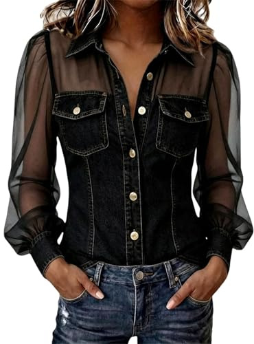 Denim Shirt Women Plus Size Sheer Puff Sleeve Button Down Shirt Regular Fit Denim Patchwork Blouse See-Through Chambray Shirts Elegant Cowboy Style Going Out Tops,Black,XXL