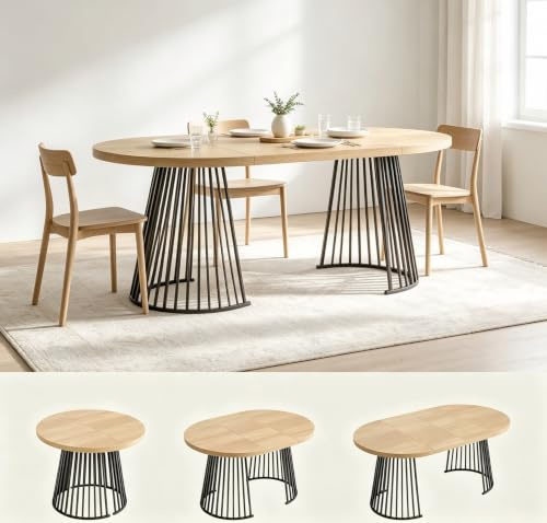 Mesa de comedor extensible de 100/138/176 x 100 cm para 4-8 personas, mesa de fondo redonda a ovalada con mesa de 3 cm y patas de metal, mesa de comedor moderna de estilo minimalista, color roble +