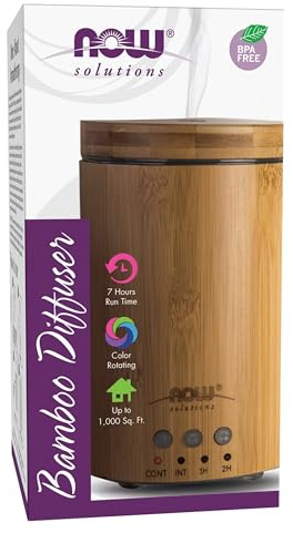 NOW Essential Oils, Ultrasonic Real Bamboo Aromatherapy Oil Diffuser, Extremely Quiet, Heat Free and Easy to Clean, Color Changing LED Diffuser