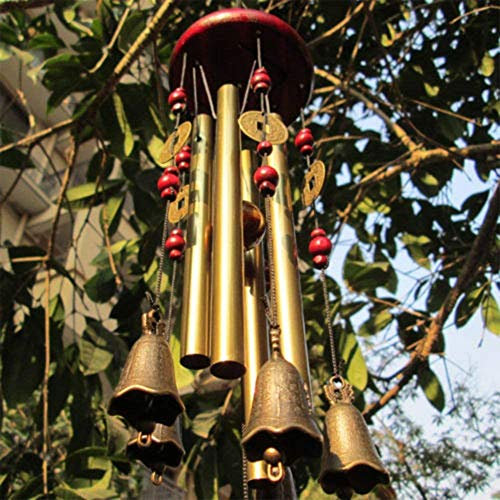Chianrliu Timbre de Viento, carillones Desea Prosperidad: Increíble Tradicional Chino, 4 Tubos de Bronce, 5 Campanas y Base de Madera, para Patio Exterior, Jardín y Decoración Interior - 60cm